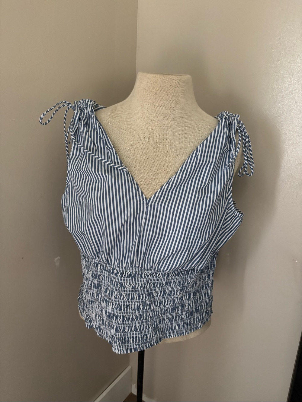 Old Navy 100% cotton Blue and White Striped Tie-Shoulder Smocked Tank
